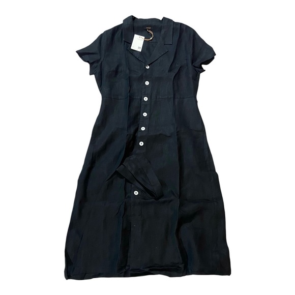 Quince 100% European Linen Button Front Midi Dress Black Belted NEW Sz M - Picture 3 of 7